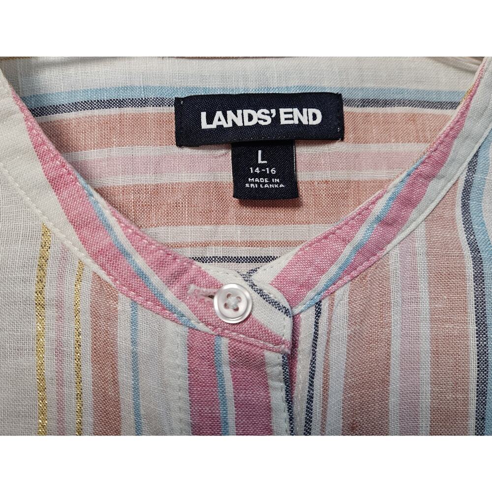 LANDS END Women L 14/16 Linen Tunic Blouse Pastel Vertical Striped Button Up 42" - Picture 3 of 7